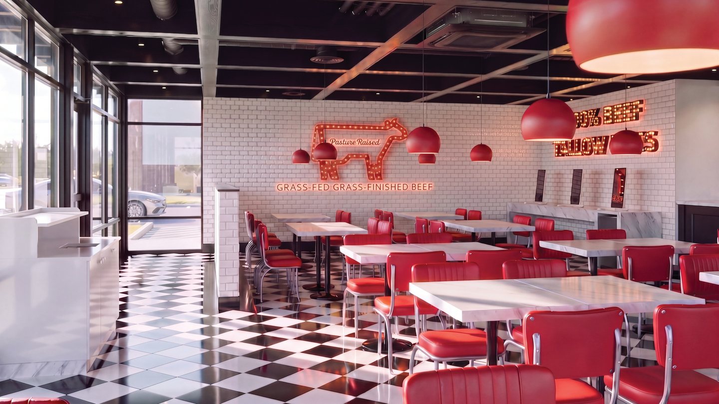 Steak ’n Shake dining room with red seating, pendant lights, and black-and-white tile flooring