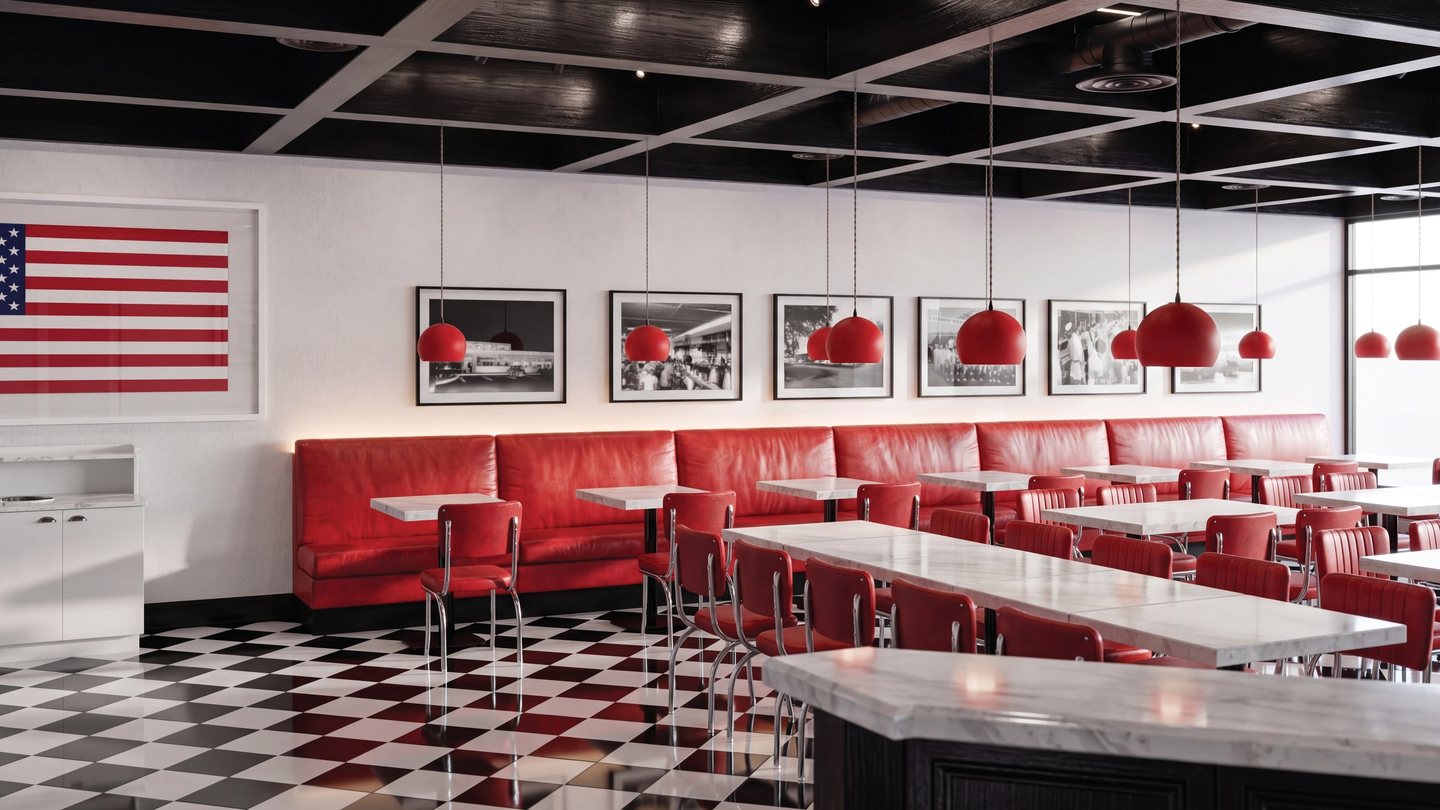 Steak ’n Shake dining room with red banquette seating, pendant lights, and framed wall art