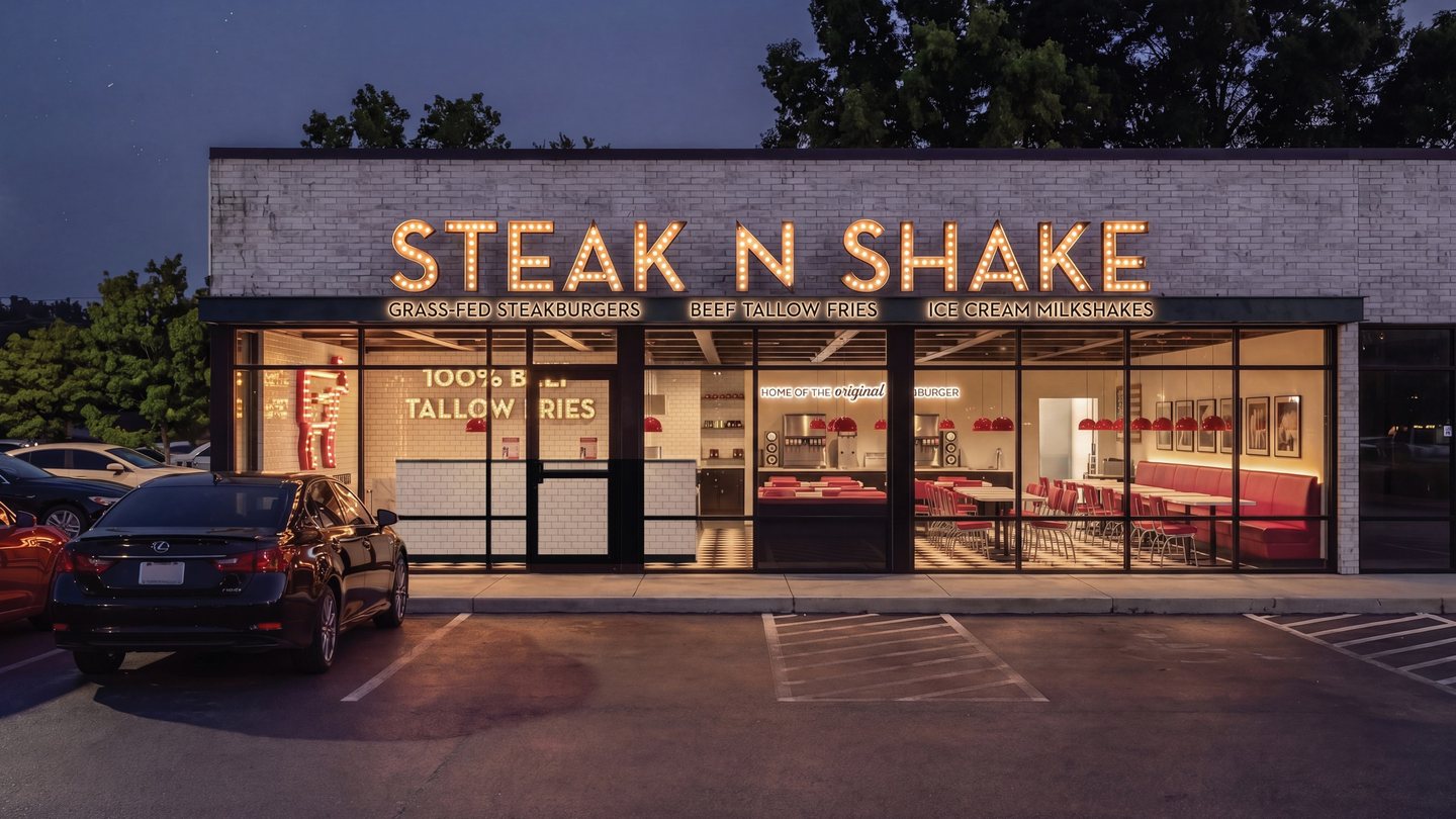 Steak ’n Shake in-line restaurant exterior showing the illuminated storefront and dining room