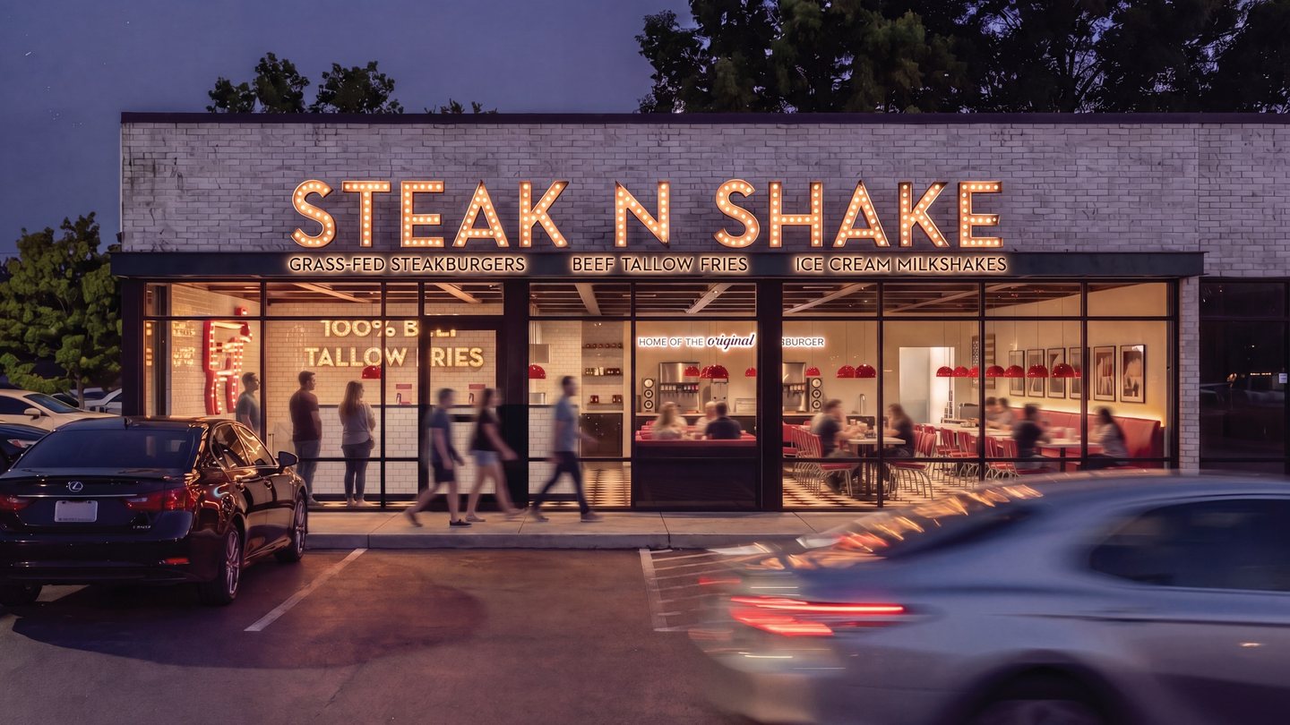 Steak ’n Shake in-line restaurant storefront with illuminated signage at night
